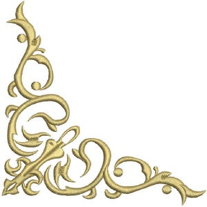 Może przedstawiać: Złoty, haftowany wzór narożny z krętymi wzorami kwiatowymi i liściastymi. Projekt zawiera zaokrąglone kształty i centralny, stylizowany element. Haft jest szczegółowy i znajduje się na białym tle. Odpowiedni do różnych projektów rzemieślniczych.