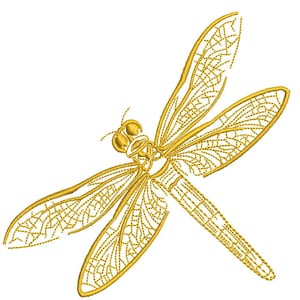 May include: A gold-colored dragonfly with intricate details on its wings. The dragonfly is in a flying position with its wings spread out.