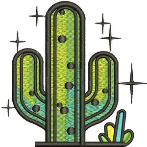May include: A green and blue cactus with a black outline and five stars. The cactus has a small green and blue plant growing at its base.