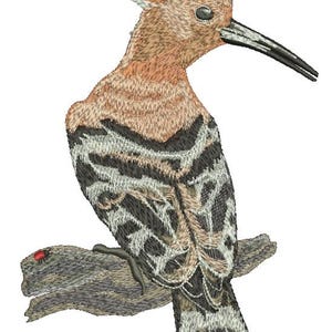 May include: Embroidered image of a brown and black hoopoe bird perched on a branch. The bird has a long, thin beak and a distinctive crest of feathers on its head.