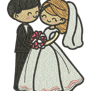 Op de afbeelding: Een cartoonillustratie van een bruid en bruidegom in zwart-wit contouren. De bruid draagt een witte jurk met een sluier en houdt een roze bloemenboeket vast. De bruidegom draagt een zwart pak.