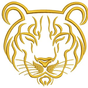 May include: A stylized line drawing of a tiger's face in gold. The tiger's face is outlined in gold, with details of the stripes and whiskers.