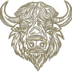 May include: Line art illustration of a bison head with detailed fur and horns. The bison is facing forward with its mouth closed.