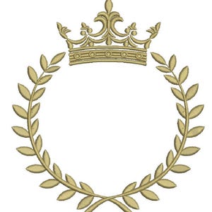 May include: A gold-colored embroidered design featuring a crown above a laurel wreath. The crown has intricate details, and the wreath is composed of olive branches. This design is suitable for various applications, such as embroidery or digital art.
