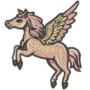 May include: A pink winged horse with gold wings, a pink mane, and black hooves. The horse is in mid-air with its wings spread out.