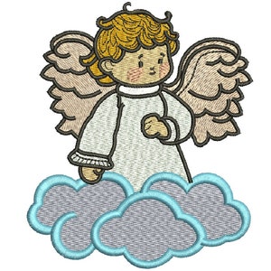 Può includere: Un angelo dei cartoni animati con i capelli biondi e le ali, che indossa una tunica bianca, in piedi su una nuvola grigia con un contorno blu.