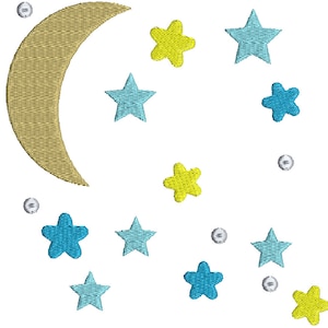 Motif de broderie Machine en forme de croissant et d'étoiles étoilées, ce produit n'est pas réel, ce sont des fichiers numériques