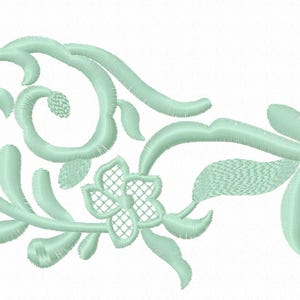 Może przedstawiać: Wzór haftowany w jasnozielonym kolorze z motywem kwiatowym z misternymi zwojami i liśćmi.