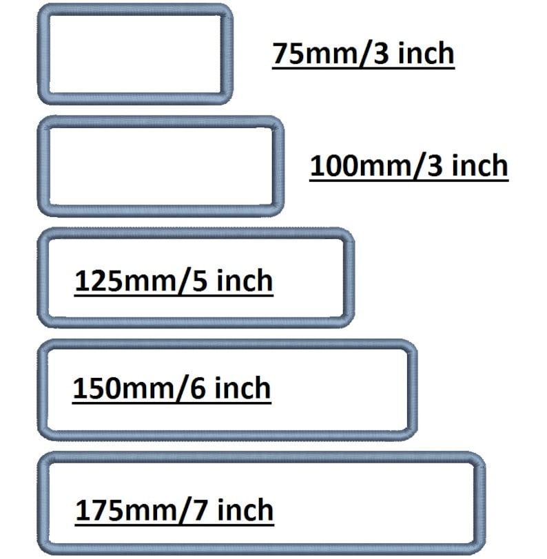 May include: Five rectangular embroidery hoops in varying sizes. The sizes are 3 inches, 3 inches, 5 inches, 6 inches, and 7 inches. The text on the image indicates the measurements in both millimeters and inches.