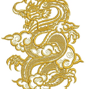 May include: A gold embroidered design of a dragon with clouds. The dragon is curled up in a circle with its head facing the right. The design is intricate and detailed.