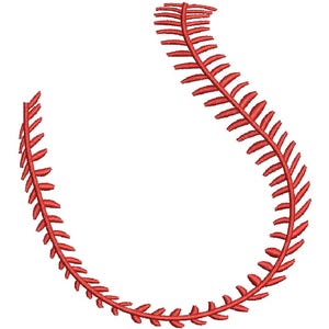 May include: A red baseball stitch design, curved and detailed, against a white background. The stitch is a continuous line of connected, leaf-like shapes, creating a decorative element.