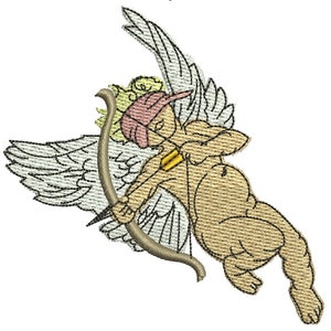 May include: An embroidered design of Cupid, a cherubic figure with wings, aiming a bow and arrow. The figure is depicted in tan with a pink cap and yellow accents. The wings are white with black outlines, and the bow is brown.