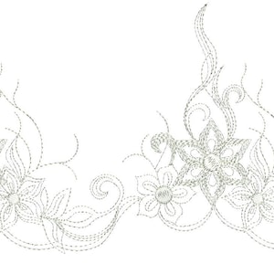 Puede incluir: Un diseño de bordado floral en blanco y negro con detalles intrincados. El diseño presenta flores y hojas estilizadas.