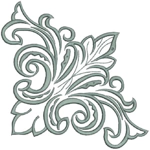 Może przedstawiać: Srebrno-szary dekoracyjny wzór narożny z misternymi zwojami i liśćmi.