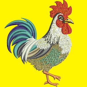 May include: An embroidered rooster with a red comb and wattle, blue and green tail feathers, and a white and brown body.