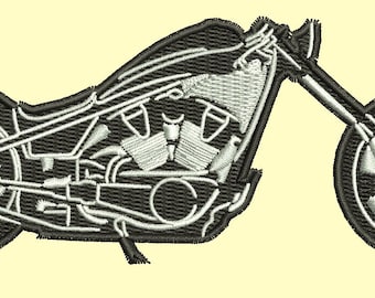 May include: Embroidered patch featuring a black and white motorcycle design. The motorcycle is a chopper style, with a detailed engine and large wheels. The design is outlined in white thread, creating a contrast against the black background. Suitable for clothing or accessories.