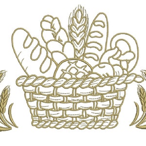 Könnte beinhalten: Eine goldene Stickerei mit einem Korb voller Brot und Weizen. Der Korb ist geflochten und hat einen Henkel aus Seil. Der Weizen liegt in Bündeln auf beiden Seiten des Korbs.