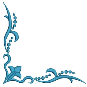 Może przedstawiać: Turkusowy, haftowany wzór narożny z motywami kwiatowymi i winorośli. Projekt zawiera kwiat, zakrzywione linie i akcenty z koralików, odpowiedni do różnych projektów rzemieślniczych.