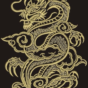 May include: Gold embroidered dragon design on a black background. The dragon is depicted in a traditional style, with intricate details and a flowing, serpentine form. The design includes clouds and clawed feet.