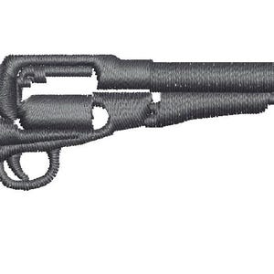May include: A detailed, embroidered design of a black revolver pistol. The firearm features a long barrel, a cylinder, and a textured grip. The image is a close-up, showcasing the intricate stitching and design of the weapon.