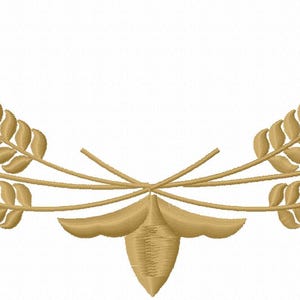 Könnte beinhalten: Zwei goldene Weizenähren mit einem dekorativen Schwung in der Mitte, die ein symmetrisches Design bilden.