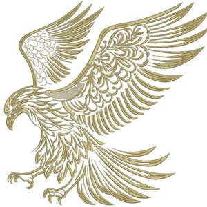 Op de afbeelding: Een gedetailleerde lijntekening van een gouden adelaar met ingewikkelde patronen op zijn vleugels en lichaam. De adelaar is in vlucht met zijn vleugels wijd uitgespreid.