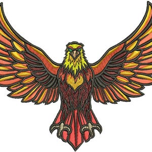 May include: Embroidered phoenix design with outstretched wings. The bird features a vibrant color palette of red, orange, yellow, and black. The phoenix is a symbol of rebirth and renewal, often used in fantasy and mythological themes.