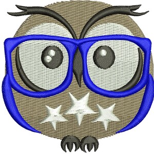 May include: A brown owl wearing blue glasses with three white stars on its chest.
