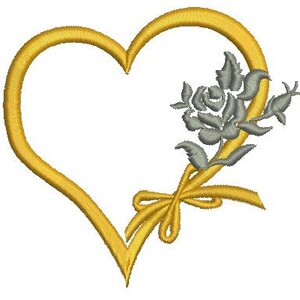 May include: A gold heart-shaped frame with a silver rose and bow tied at the bottom.