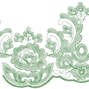 Puede incluir: Diseño de bordado floral verde con detalles intrincados y un patrón delicado y fluido. Este diseño presenta una gran flor central rodeada de flores y hojas más pequeñas.