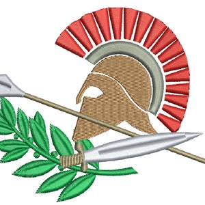 May include: A stylized image of a Spartan helmet with a red plume, a spear, and a laurel wreath. The helmet is brown, the spear is silver, and the wreath is green.