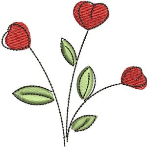 May include: Embroidered floral design featuring four red heart-shaped flowers with black outlines and stems. The design includes green leaves with black stitching, all set against a white background. This floral embroidery is suitable for various craft projects.