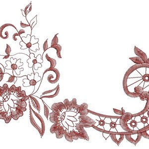 Może przedstawiać: Wzór haftu kwiatowego w kolorze brązowym z kształtem przypominającym paisley po prawej stronie i skupiskiem kwiatów po lewej stronie.