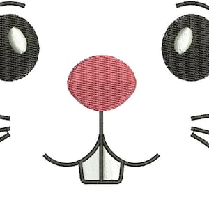 May include: Close-up of an embroidered bunny face with black eyes, whiskers, and a pink nose. The eyes have white highlights, and the design is on a white background. This design is suitable for Easter crafts.