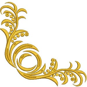Może przedstawiać: Złoty dekoracyjny wzór narożny z misternymi spiralami i liśćmi. Wzór zawiera okrągły element w środku i idealnie nadaje się do dodania elegancji każdemu projektowi.