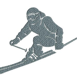 May include: An embroidered design of a skier in action, wearing a helmet and goggles, gliding down a snowy slope. The skier is holding ski poles, with skis angled downward. The design is in shades of gray and white.