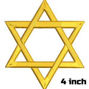 May include: A gold-colored Star of David, a six-pointed star, embroidered with a textured appearance. The text "4 inch" is displayed in black font at the bottom right corner of the image.