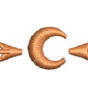May include: A gold-coloured arrow with a heart at each end and a crescent moon in the centre. The arrow is pointing to the right.
