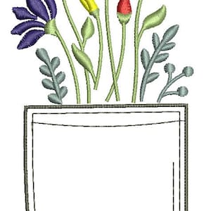 Op de afbeelding: Borduurwerk van een zak met een boeket bloemen in de kleuren blauw, rood, oranje en geel. De bloemen worden omringd door groene bladeren en stengels.