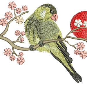 May include: A green and yellow bird perched on a branch with pink blossoms. The bird is facing right and has a red sun behind it.