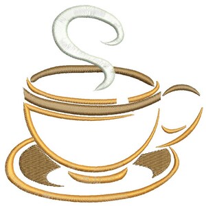 May include: Embroidered design of a coffee cup with steam rising. The cup and saucer are outlined in gold, with brown and gold accents. The steam is white. The design is on a white background.
