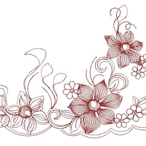 May include: A detailed floral embroidery design in shades of burgundy, featuring several large and small flowers, leaves, and swirling vines. The design is placed in the corner of the image, with a scalloped edge along the bottom.