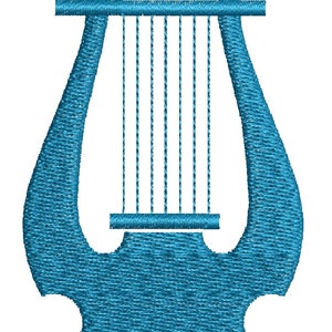 May include: A blue lyre, a stringed musical instrument, with a curved frame and strings.