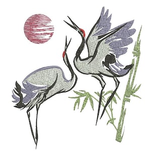 May include: Two gray cranes with red beaks are perched on bamboo stalks. A red sun is in the background.