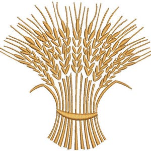 Pode incluir: Ilustração detalhada de um feixe de trigo, em tons de ouro e bege. As hastes de trigo são amarradas com uma fita, representando o tema da colheita. A imagem está em um fundo branco.