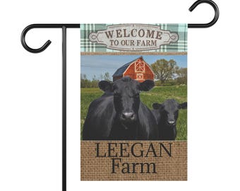 Bandera de jardín "Granja LEEGAN" de Black Angus: Bienvenidos a nuestra granja, decoración rústica para el hogar, decoración de exteriores, vida campestre, regalo para jardineros.