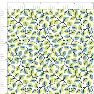 May include: A fabric with a repeating pattern of stylized leaves and vines. The leaves are in shades of green and blue, set against a cream-colored background. The vines are a dark navy blue. The pattern is evenly spaced and covers the entire surface.