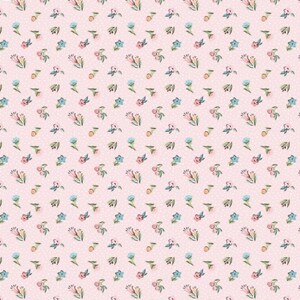 May include: A seamless pattern featuring a repeating design of pink, blue, and green flowers on a light pink background with white polka dots.