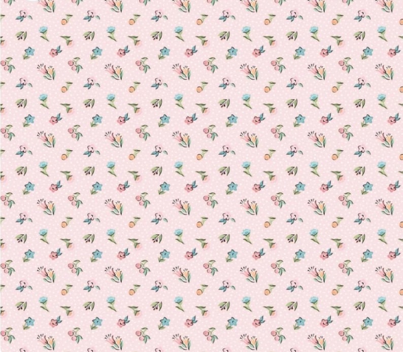 May include: A seamless pattern featuring a repeating design of pink, blue, and green flowers on a light pink background with white polka dots.