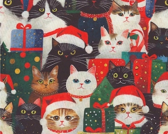 TELA: Tela con estampado de gatos Quilting Treasures. "Gotta Have it Novelties, gatos navideños rojos y verdes". 100 % algodón. 11,5 cm de ancho. *Precio: 13,95/yd